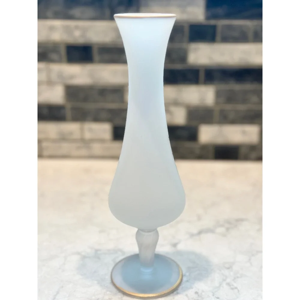 Vintage Frosted Glass Asian Bud Vase Gold Trim Geisha Landscape Twisted Stem 8in